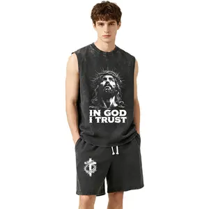 "IN GOD I TRUST" Jesus Crown of Thorns God Apparel Washed, Easter , Jesus , Easter Streetwear, Christian Apparel Graphic , Gym Pump Cover , Church OutfitWashed Vest Set