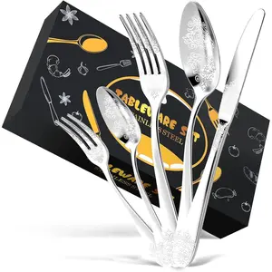 40- Stainless Steel Silverware Set, Elegant Floral Engraved Cutlery Flatware Set for 8, Durable Tableware Utensil Sets  Include Fork Spoon  with Mirror Polish
