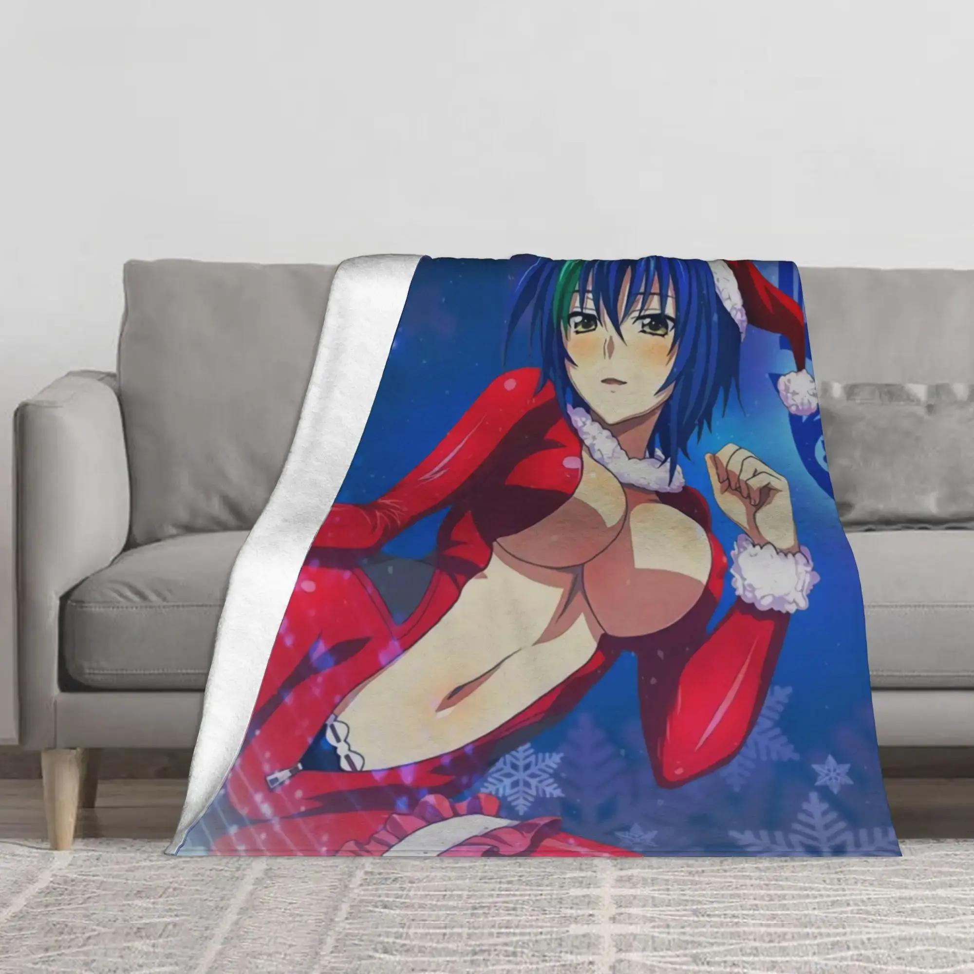 High School DxD Xenovia Quarta Anime Blanket | Christmas Santa Cosplay Flannel Fleece Throw | Cute Sexy Waifu Otaku Gift, Winter Snowflake Blue Bedroom Decor