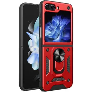 Phone Cases for Samsung Galaxy Z Flip 7 Galaxy Z Flip 6 5 4 3 Case with Slide Camera Cover & Rotated Ring Kickstand Military Grade Shockproof with Magnetic Car Mount Holder Cover case for  Samsung Galaxy Z Flip 7 Red