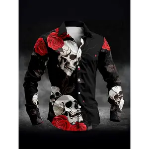 Men's Clothing Bold Design | Men's Stylish Long Sleeve Button-Up Shirt with Skull & Rose Print  Black Gothic Streetwear, Casual Collar, Polyester Fabric, Perfect for Halloween or Edgy Outfits Tops Menswear Gamis Knife