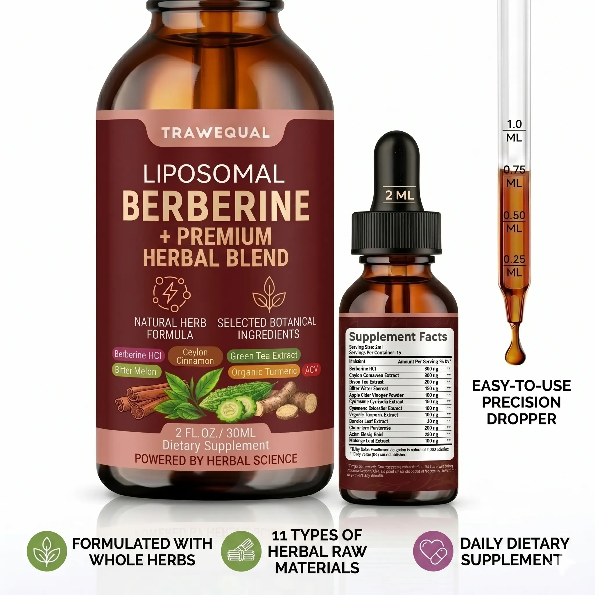 11-in-1 High Absorption Liposomal Berberine Liquid Drops, Mixed Herbal Complex with Ceylon Cinnamon and Green Tea Extract, 30ML Premium Dietary Supplement