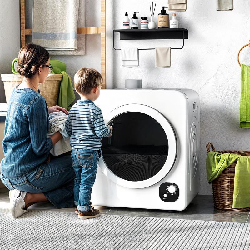 HOMCOM 120V Portable Clothes Dryer 1300W Compact Laundry Tumble Dryer Machine 3.3 Cu. Ft Stainless Steel Tub White Small Clothes Drying Machine with 4 Programs & Quiet Operation