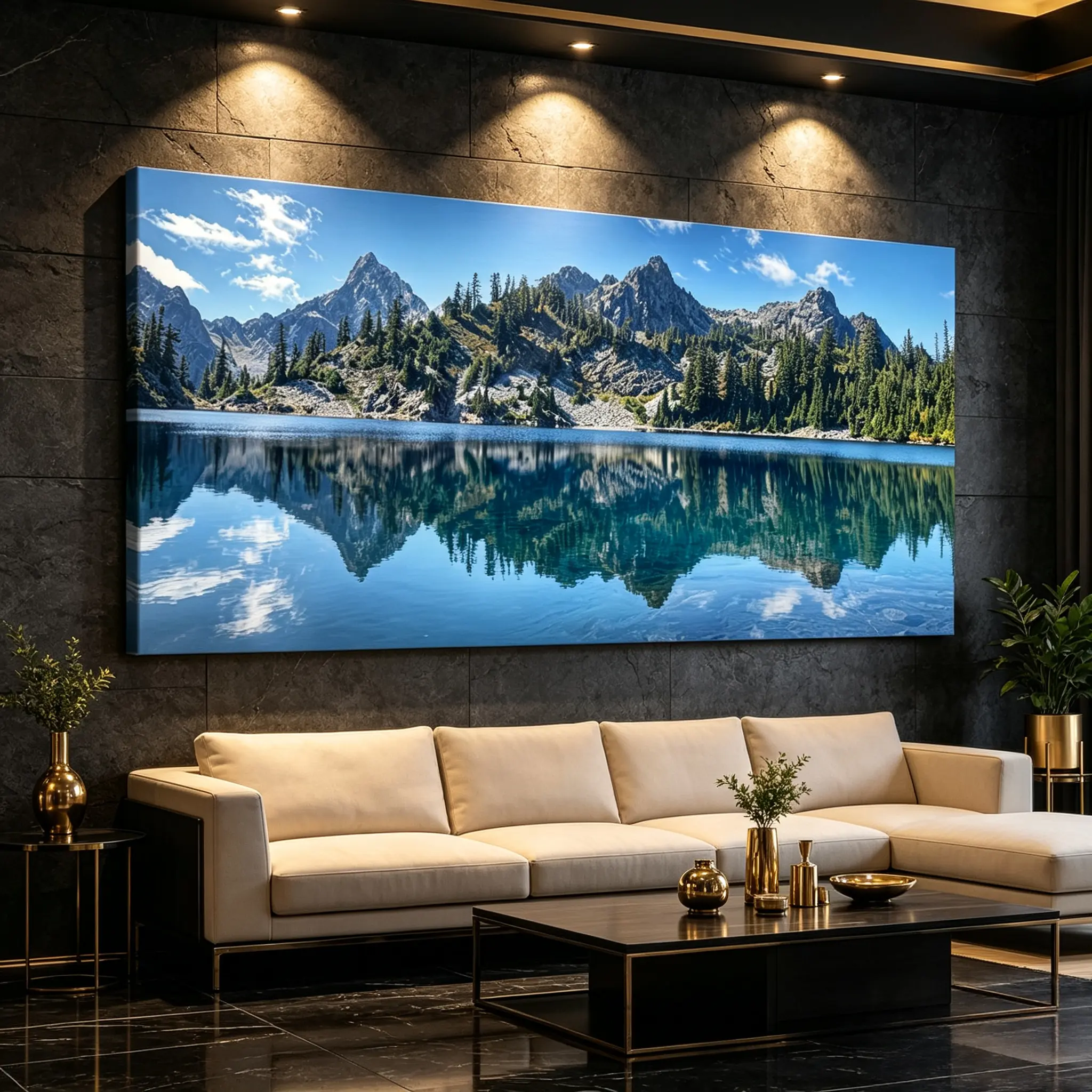 Mountain Lake Reflection Canvas Wall Art, 30x60in 2D Aesthetic Nature Landscape Print, Farmhouse Scenic Water View Decor, Hanging Art for Living Room Bedroom, Housewarming Home Gift