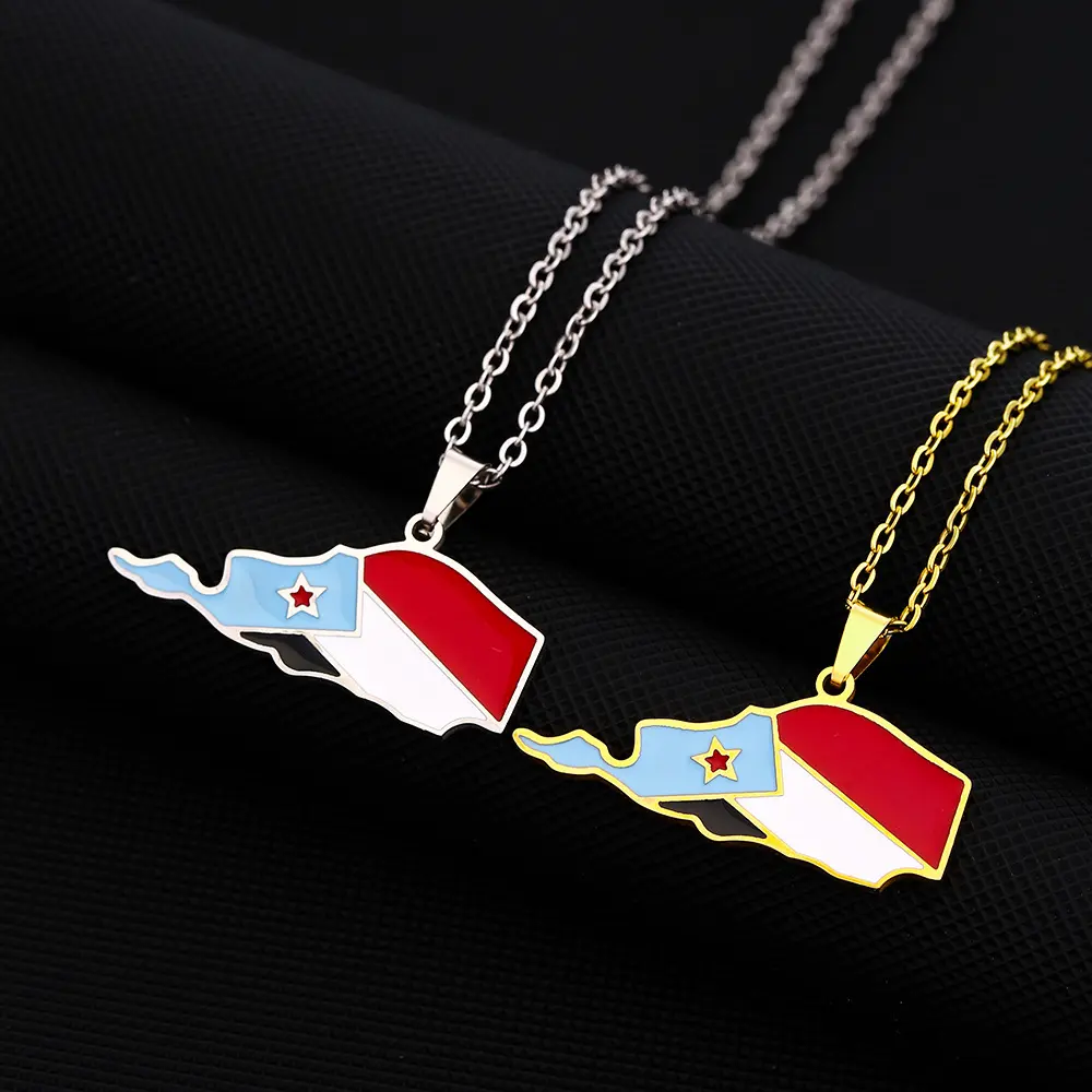 Unisex Stainless Steel South Yemen Map Flag Pendant Necklace - Ethnic, Casual Style Jewelry Accessory for Adults, Auspicious Birthday Gift, Casual Style Necklaces, Heart
