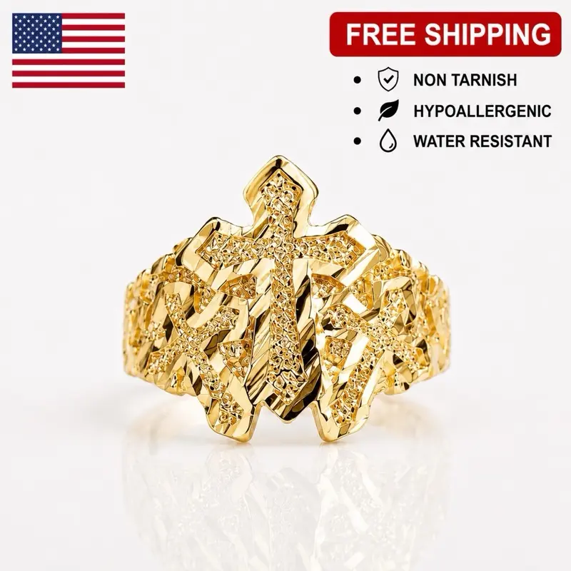 3 CROSSES 18K GOLD PLATED RING NON TARNISH HYPOALLERGENIC FOR MEN AND WOMEN