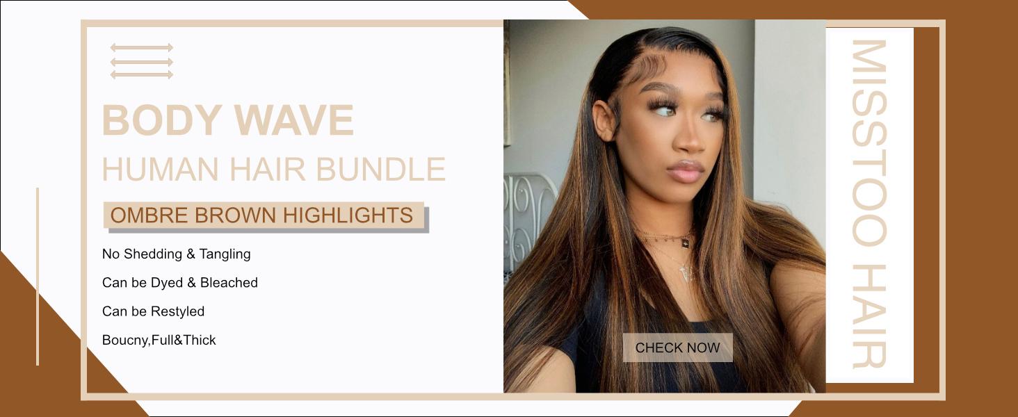 MISSTOO Brown Highlight Body Wave Human Hair Bundles Brazilian Remy Ombre Blonde Wavy Sew in Piano Color T1B/30 Human Hair Weave Bundles