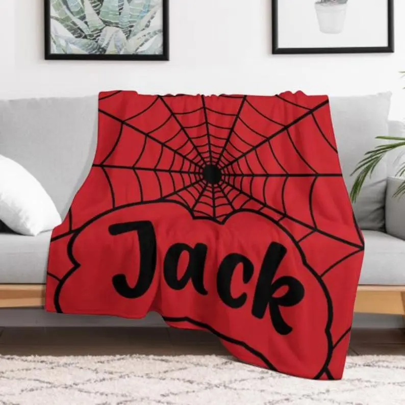 Custom Name Spidey - Man Web Plush Throw Blanket, Personalized Superhero Fleece Blanket, Soft Cozy Nursery Decor, Gift for Kids, Bedroom & Sofa Throw