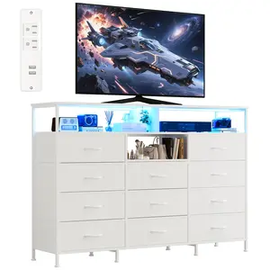 Garvee 11-Drawer Fabric Dresser with LED Light, Power Outlet, USB Ports & 3 Open Shelves - Steel Frame, Wood Top, 55.1 w x 13.8 d x 36.8 h Drawer Storage Solutions for Bedroom, Living Room