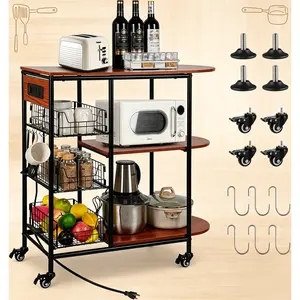 [HUOMAQFAN] Rolling Kitchen Utility Cart with Storage, 3 Pull-Out Baskets, Power Outlet, Mobile Microwave Stand & Coffee Bar Table for Fruit Vegetable Organizing