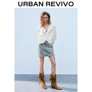 URBAN REVIVO Women's Fitted Western Clothing Denim Mini Skirt - UYL850006, Springtok-Inspired Chambray Denim Bottoms, Boho Western & Country Theme Skirts