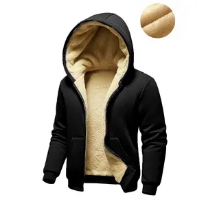 Winter men's casual wool lined thick hooded cardigan jacket with pockets and zipper design, suitable for men's outerwear in winter, daily casual, winter must-have suitable for daily warmth wearing solid color basic style autumn fleece   Coats Long Sleeve