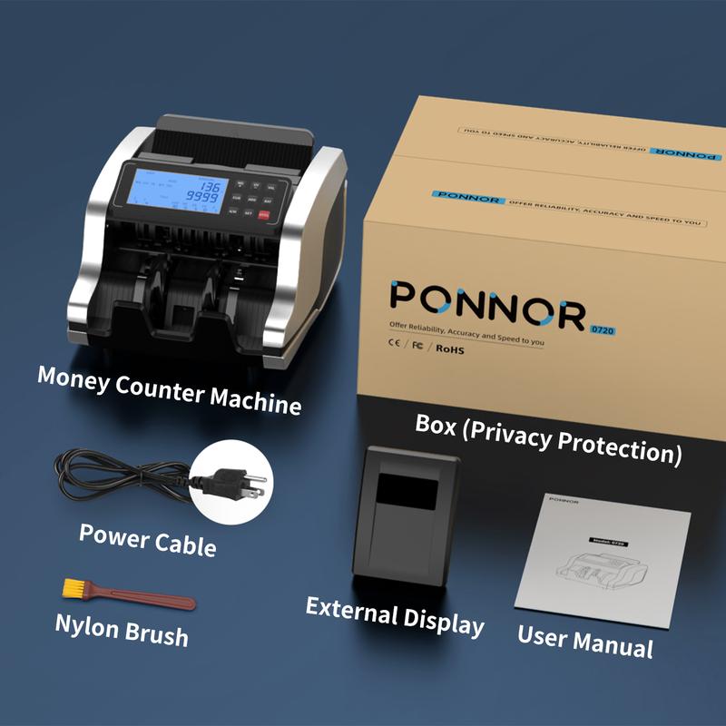 PONNOR Money Counter Machine with UV/MG/IR/MT/DD Detection for Fake Bills, LCD Display, Coin Box, COUNT/ADD/BATCH/AUTO Modes, Silent Operation, 1200 Notes/Minute