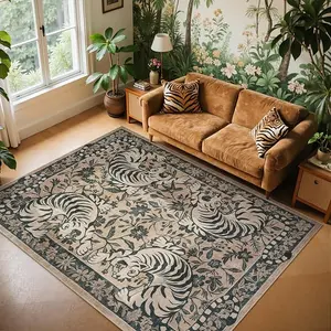 Tiger Boho Area Rug for Living Room Non-Slip Jungle Floral Bedroom Rug, Vintage Soft Western Animal Floor Carpet for Dining Room Home Office Dorm