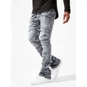 Stacked Jeans Men Spliced Denim Ripped Wash Frayed Pants Male's Streetwear