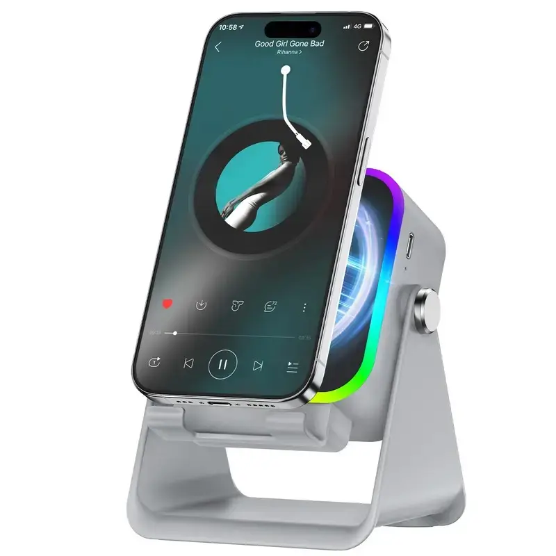 5-in-1 Wireless Induction Audio & Bluetooth Speaker with Phone Holder,8 RGB Ambient Light, 360° Adjustable Mobile Tablet Stand– Gifts for Friends, Family
