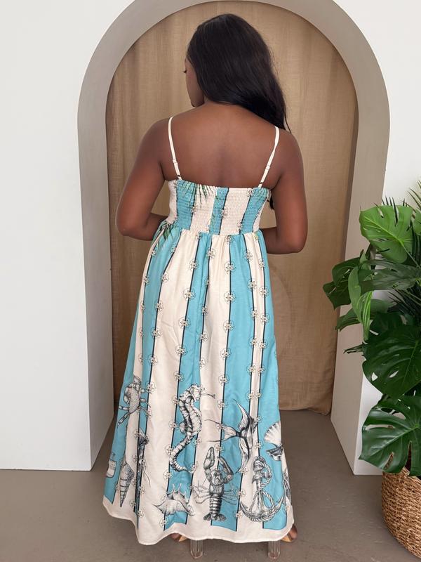 Coastal Serenity Nautical Print Maxi Dress for Timeless Resort Chic - Ocean Inspired Aqua Blue & Cream Stripes, Spaghetti Straps, Full Length Skirt, Casual & Elegant Womenswear