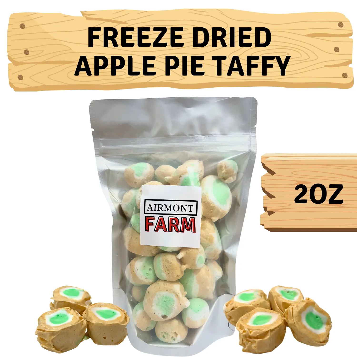 Freeze Dried Candy Apple Pie Salt Water Taffy 2 oz - Cut To Bite Sized Pieces - Ships In Box - Deliciously Crunchy, Intense Flavor, Lightweight Snack