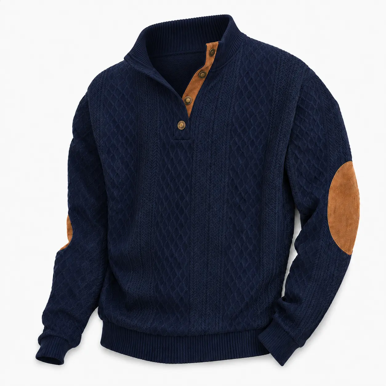 Men's Cable Knit Pullover Sweater, Long Sleeve Button Mock Neck Top with Contrast Elbow Patches, Textured Casual Sweater for Fall Winter Work and Everyday Wear