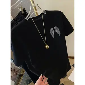 Short-Sleeve T-Shirt With Angel Wings And Sparkling Diamond Wings Print - Women'S Spring/Summer Trendy Print T-Shirt, Fashion Item