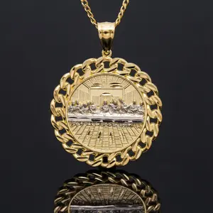 HELLOCE 18K Gold Plated Last Supper Cuban Circle Pendant with 3mm 24inches Rope Chain