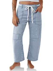 Womens Baggy Barrel Horseshoe Jeans Wide Leg Patchwork Low Rise Denim Pants with Pockets