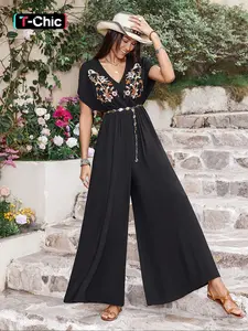 Women's Floral Embroidered Batwing Sleeve V Neck Wide Leg Jumpsuit without Belt, Summer Clothes Women, Boho Fashion Short Sleeve Jumpsuit for Beach Vacation Holiday, Ladies Summer Clothes