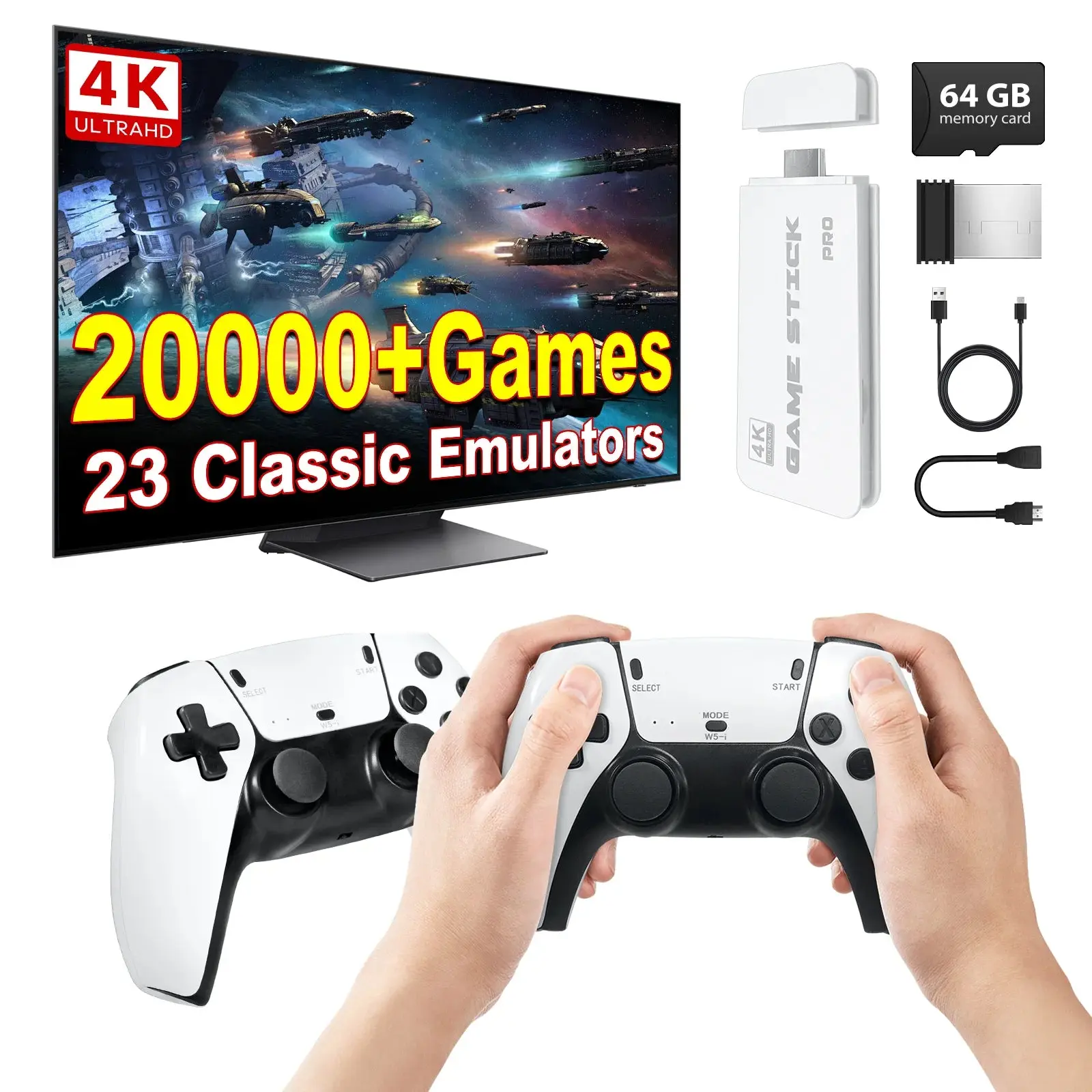 Game Stick Retro Video Game Console 20,000+ Games Wireless Dual Controllers HDMI Gaming Stick for TV