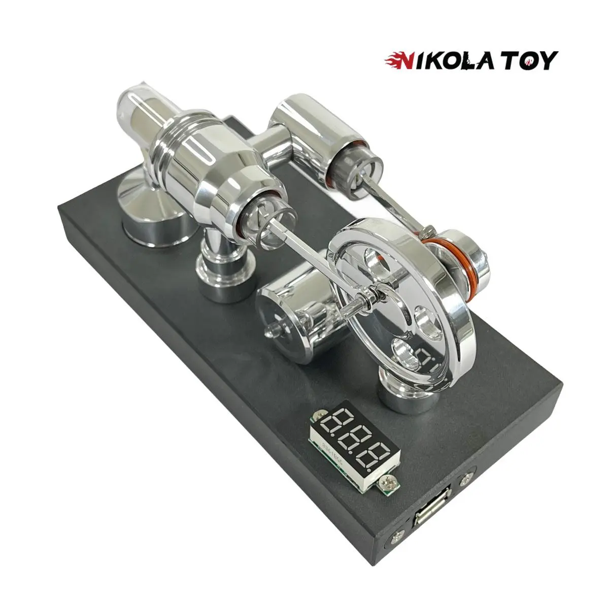 NIKOLATOY Mirror-Polished Stirling Engine Model with Embedded Voltmeter and USB Plug
