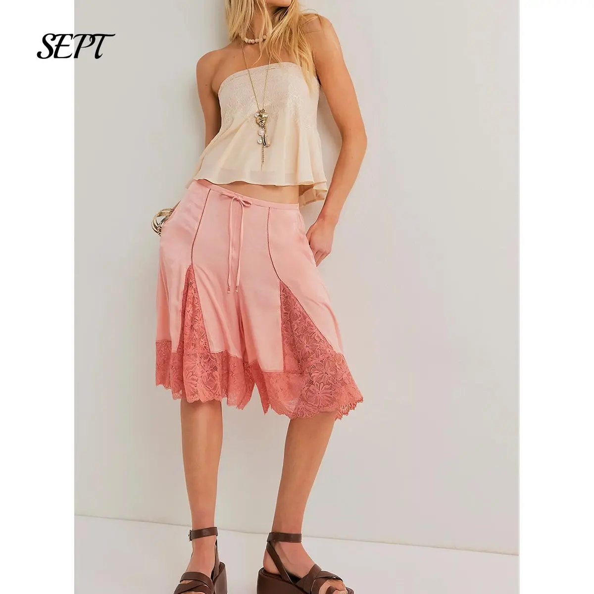 Women Lace Floral Bloomers Pants Silk Satin Lace Patchwork Ruffle Shorts Pajamas Boxers Bow Shorts Bottoms