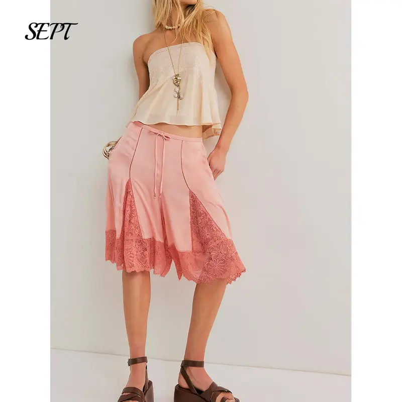 Women Lace Floral Bloomers Pants Silk Satin Lace Patchwork Ruffle Shorts Pajamas Boxers Bow Shorts Bottoms