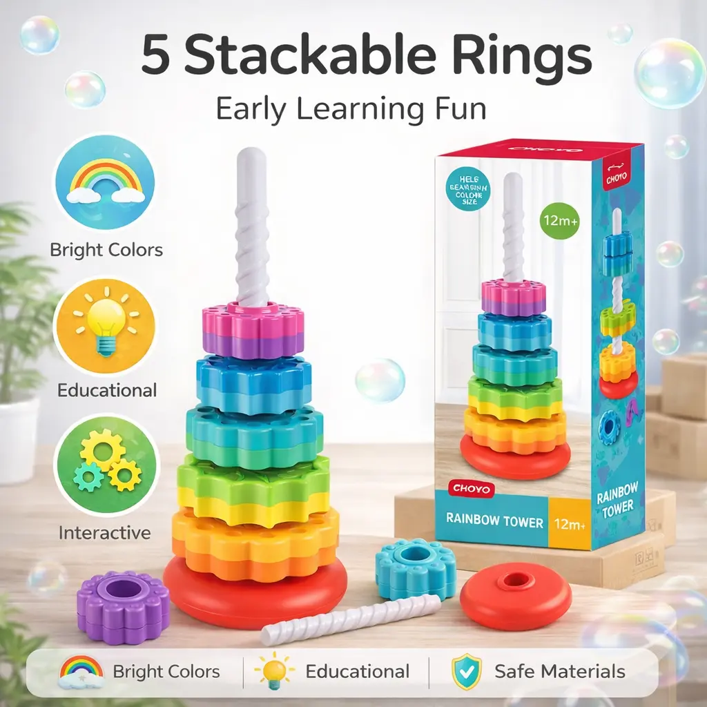 SMYLX Rainbow Spinning Stacker Tower, Child-Safe Sensory Toys for Toddlers 12M+ with 5 Gear-Shaped Rings for Fine Motor Skills, Unisex