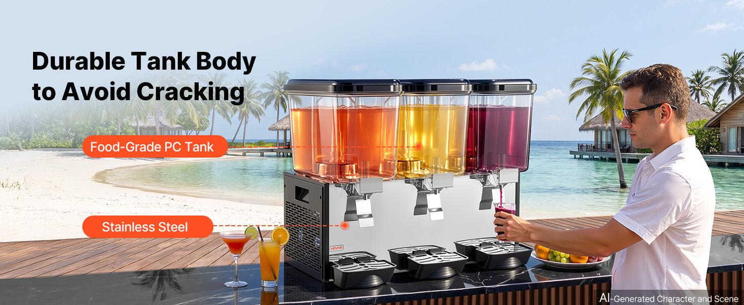 VEVOR Commercial Beverage Dispenser, 3-Tank Cooling Drink Machine with 18L/19QT Per Tank, Stainless Steel Build, 45℉-54℉ Temperature Control, Commercial Look for Restaurants, Three Tanks