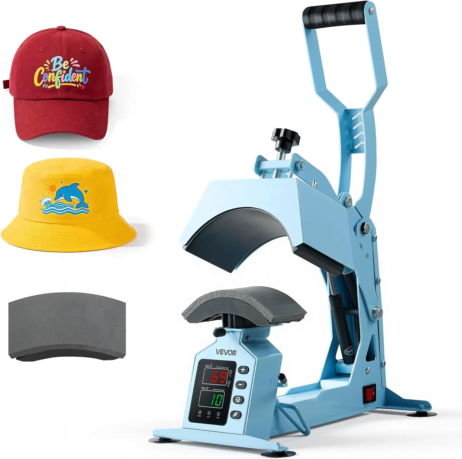 VEVOR 2-in-1 Hat Heat Press Machine, with 2 Platens & Caps Stretcher, Precise Temp&Timer Control, Hat Press Heat Machine for Caps Compatible with HTV Iron On and Sublimation Projects, Light Blue