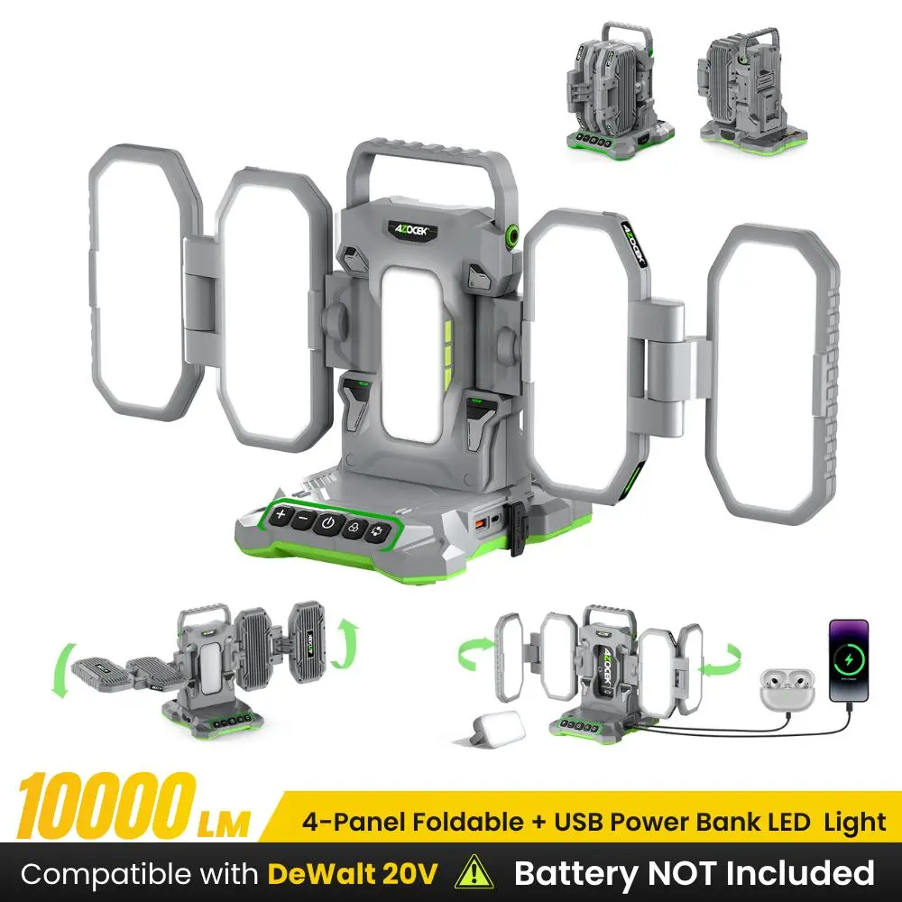 Azocek 10000LM Portable LED Work Light for Dewalt 20V Battery, Cordless Job Site Floodlight, Foldable Light Tower with Detachable Magnetic Mini Light, Rechargeable Emergency Camping Flashlight [Battery Not Included]