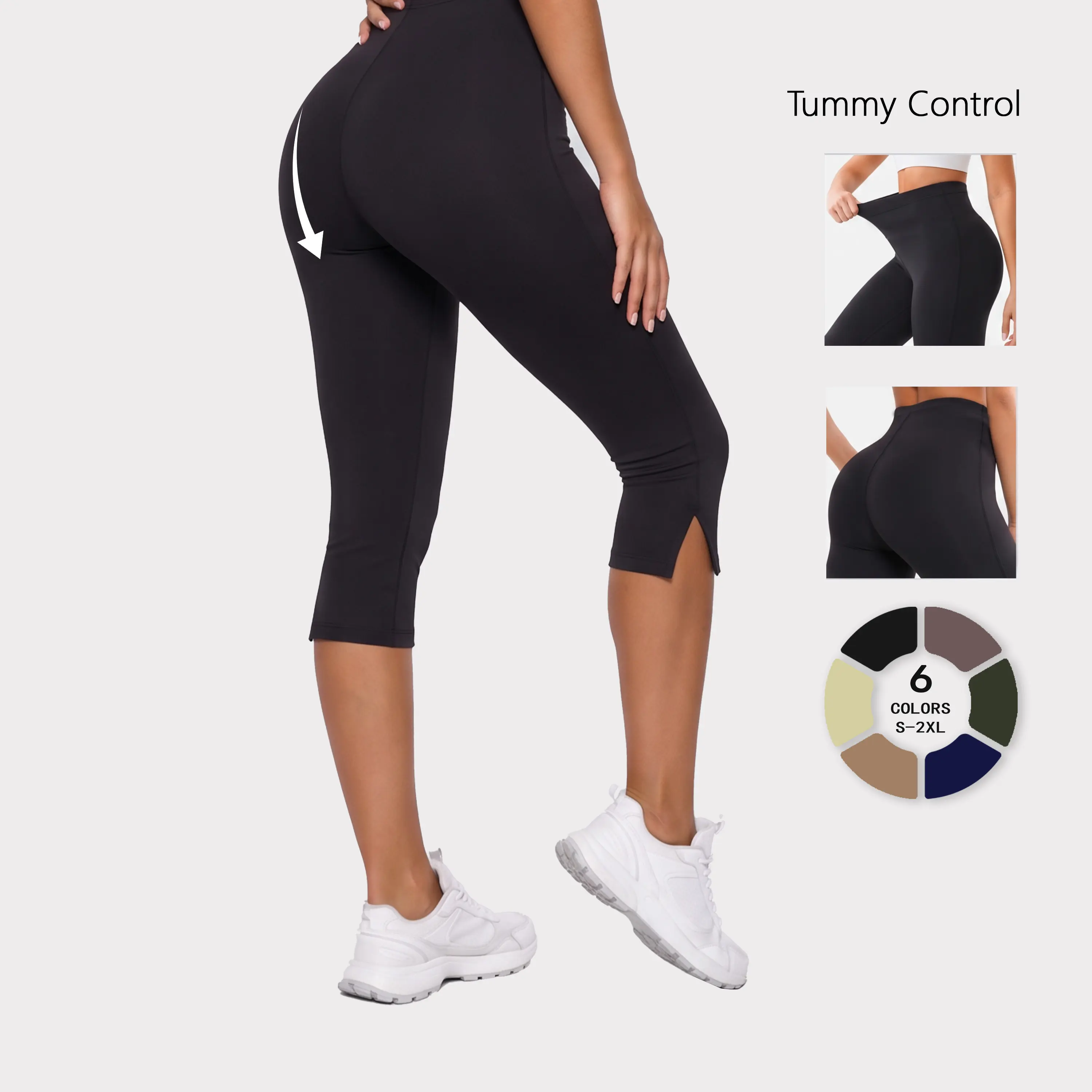 Women High Waist Knee Length Yoga Capri Leggings Solid Slim Fit Front Slit Hem Stretch Tummy Control Workout Cropped Pants for Gym Pilates Training