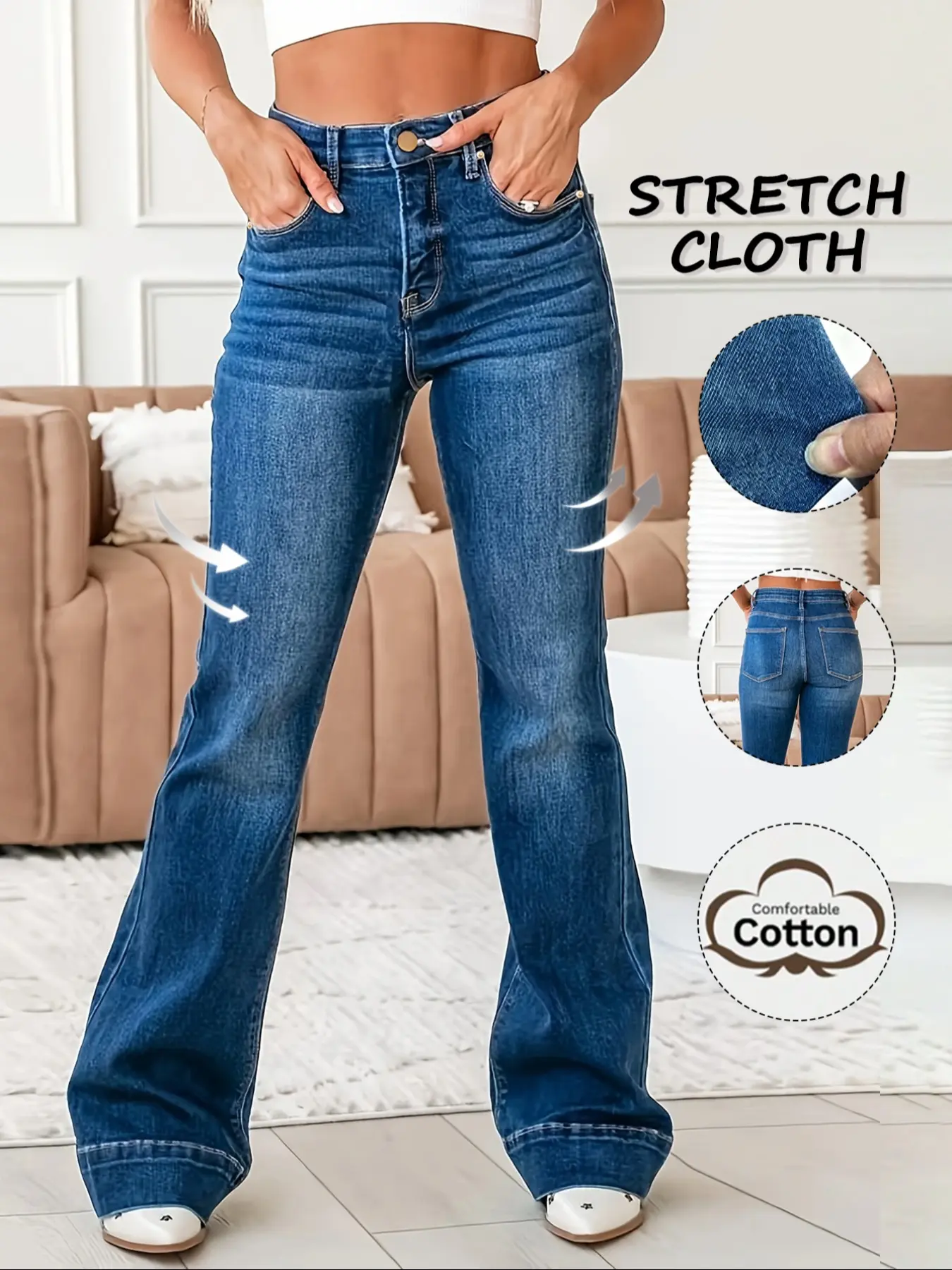 Women's Casual Fitted Flared Bell Bottoms Dark Wash Woven Button Front Denim Clothing Long Pants, Summer Washable Stylish Jean Trousers Womenswear for Comfortable Everyday Wear, Non Sensitive Good