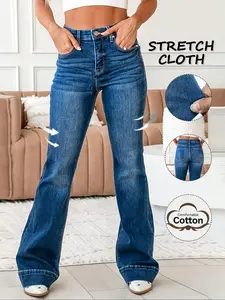 Women's Casual Fitted Flare Denim Long Pants, Summer Washable Stylish Jean Trousers for Comfortable Everyday Wear, Non Sensitive Good