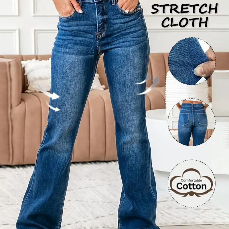 Women's Casual Fitted Flared Bell Bottoms Dark Wash Woven Button Front Denim Clothing Long Pants, Summer Washable Stylish Bell Bottom Jeans Jean Trousers Womenswear for Comfortable Everyday Wear, Non Sensitive Good