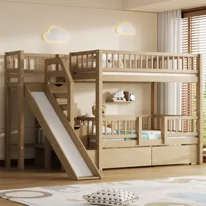 Twin over Twin Bunk Bed with Slide and Storage Staircase, Solid Bunk Bed Frame with 2 Drawers, for Teens Adults