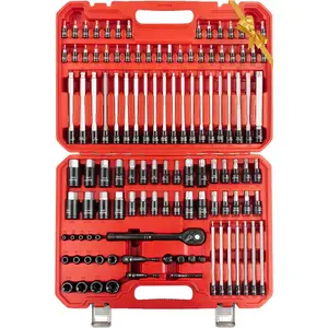115- Torx & Allen Bit Socket Set, 1/4",3/8"and 1/2" Drive, Extra Long Torx//Tamper Proof Torx/Hex/Ball End Hex Socket Set, S2 Steel, SAE/Metric, with Ratchet Wrench & Adapters
