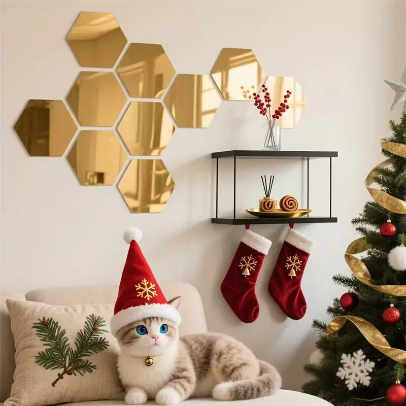 12pcs， Golden hexagonal reflective mirror wall sticker, 3D self-adhesive, removable, decorative design, detachable living room, bedroom, TV background wall DIY decoration, modern home bathroom mirror sticker