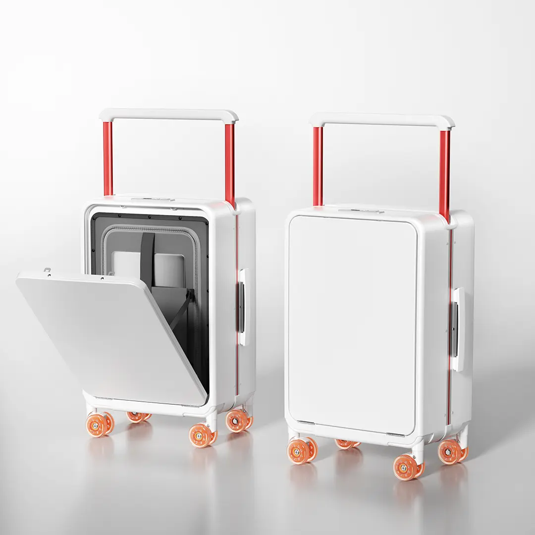 Front-Opening Carry-On Luggage - Innovative Wide-Handle Design, TSA-Approved Lock, 1:9 Lid-To-Body Ratio, 1-Handed Open/Close, 360° Spinner Wheels with Brakes, Scratch-Resistant Durable Polycarbonate Material, Convertible Carry-On/Checked Option.
