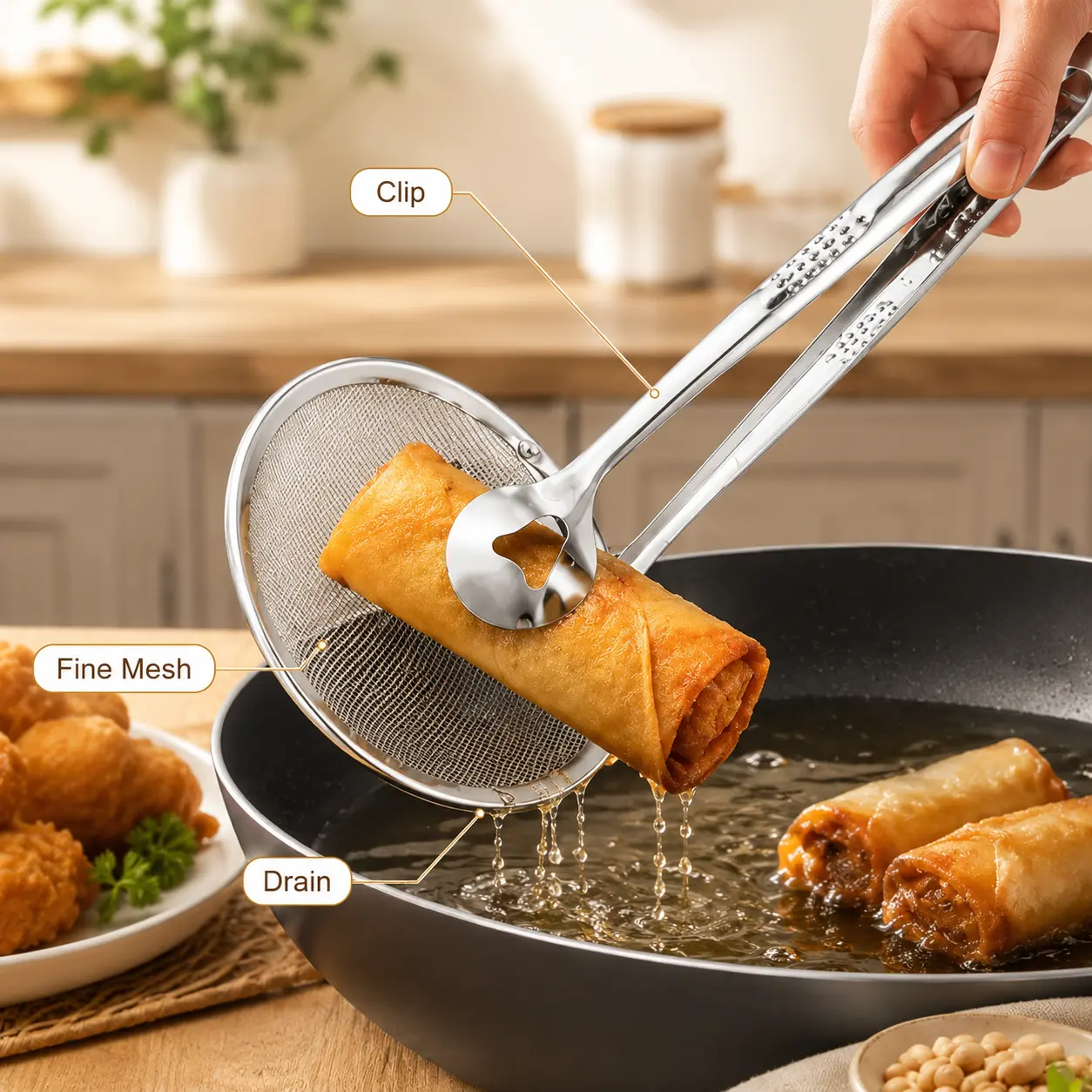 2-in-1 Stainless Steel Frying Strainer Tongs, Oil Skimmer and Food Clip with Mesh Basket for Draining and Serving Fried Foods
