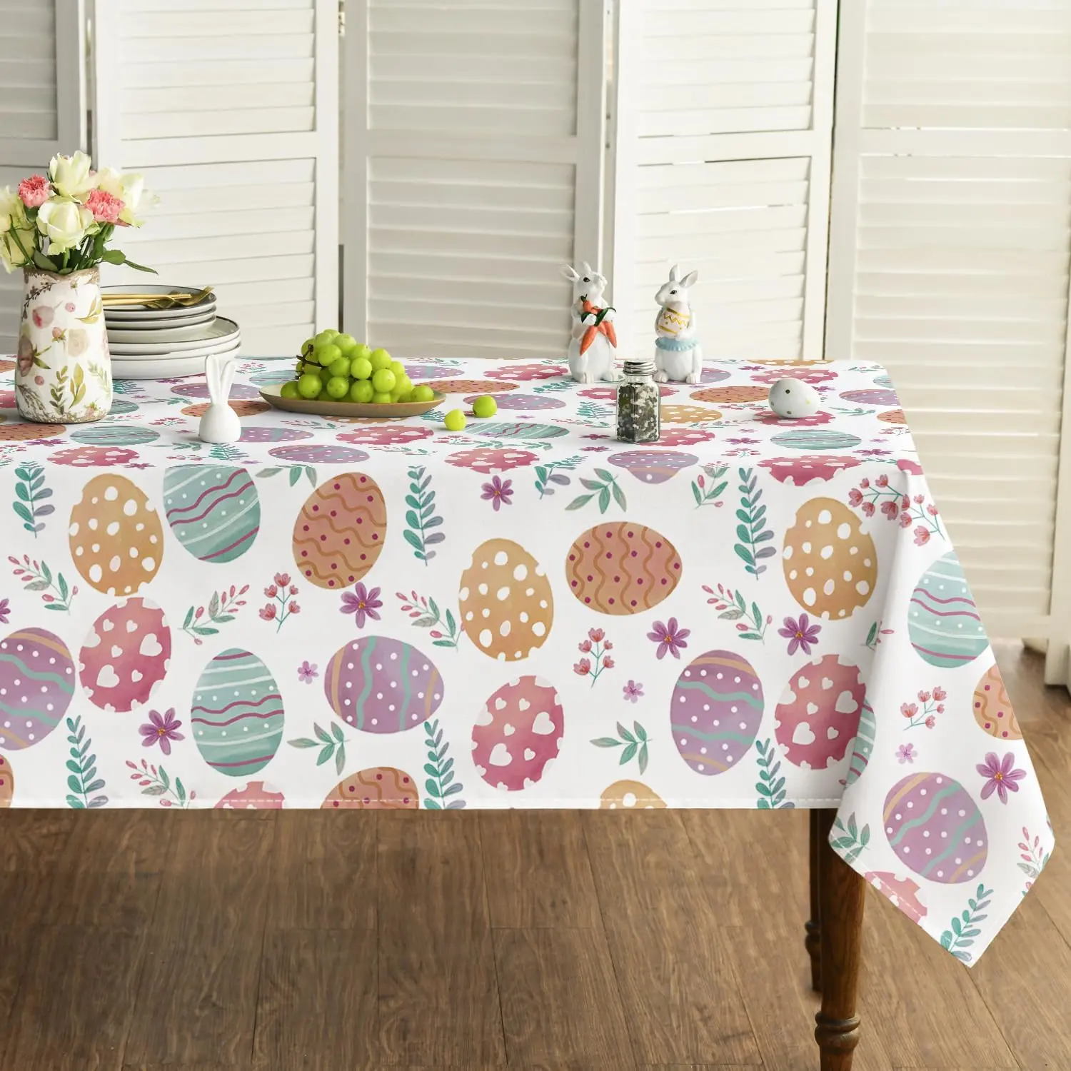 Easter Tablecloth 60x84 Inch Rectangular, Watercolor Easter Eggs Washable Table Cover for Party Picnic Dinner Decor