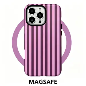 (Case & Nova.) Pink Brown Striped & Leopard Print Magnetic Phone Case, Compatible with iPhone 17 Pro Max, 16, 15, 14, 13, 12, 11, Slim Fit Precise Cutout Protective Cover Stripe Protection Floral Curve Shockproof beautiful
