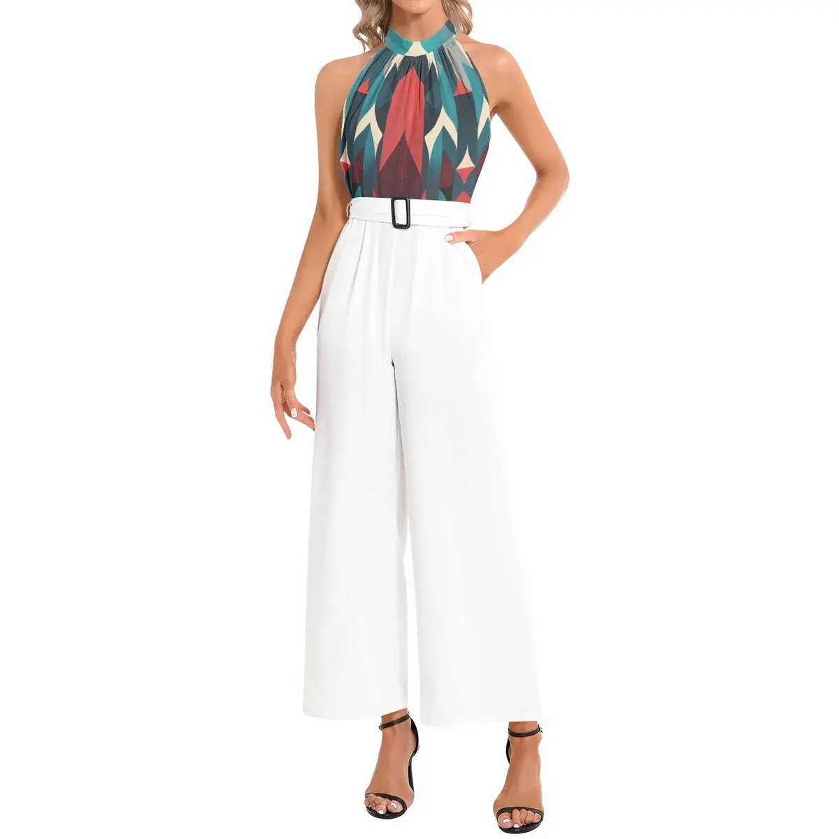 Women’s Halter Top Romper Animal Print Jumpsuit Sleeveless Pantsuit Matching Onesie Cute One Piece Wide Leg Blue Red Design White Pant Belted Stylish Comfortable Outfit Set Womenswear