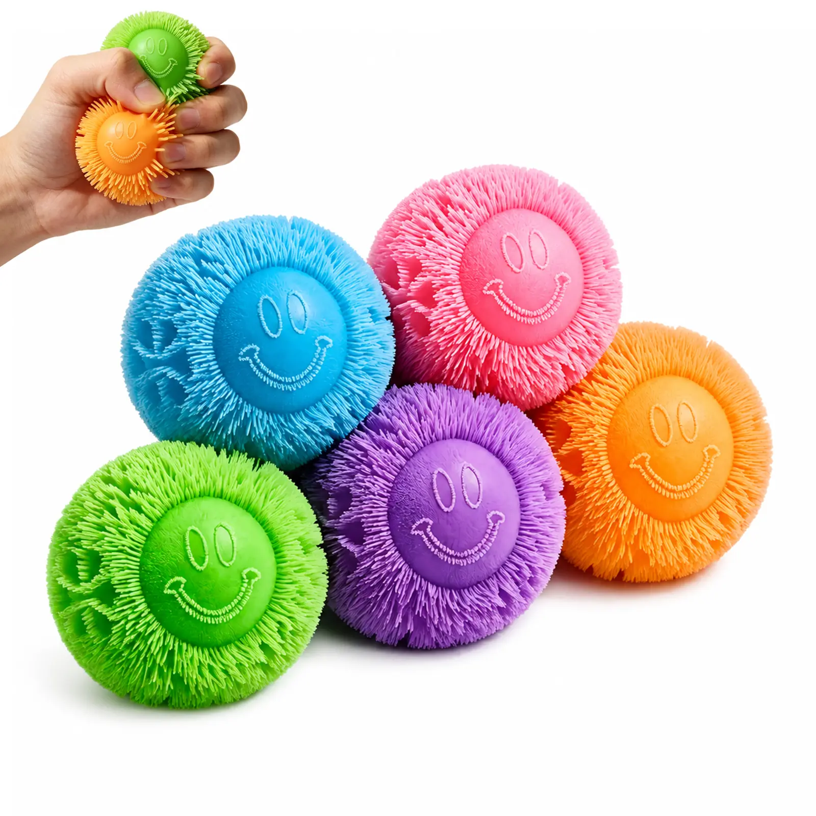 Random Color 1 Pack or 4 Pack Smiley Face Stress Ball, Soft TPR Spiky Sensory Squeeze Toy, Super Squeezable Rebound Fidget Toy