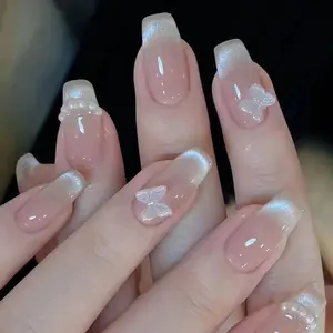 10PCS Handmade Press On Nails Pink Glitter Butterfly Pearl Glossy Full Cover Coffin False Nails Reusable Nail Tips