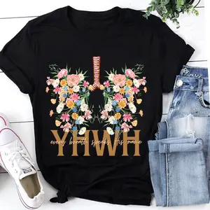 YHWH Floral Christian T-Shirt – Every Breath Speaks His Name | Bible Verse Faith Tee, Floral Lung God Shirt, Women's Print Round Neck Graphic Summer Tees